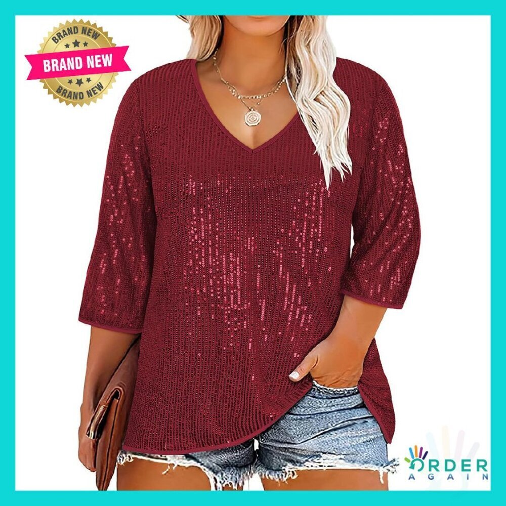 Glitter Sequin Blouse 3/4 Sleeve V Neck Tunic Elegant Evening Cocktail Wear